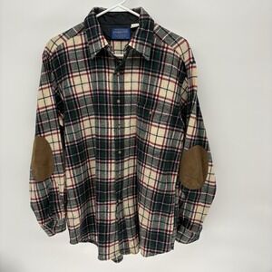 Vintage 60s Pendleton Plaid Wool Shirt Loop Collar Elbow Pads Western Retro L
